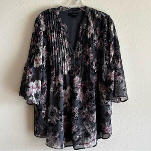 EUC Calvin Klein Jeans Charcoal Floral Blouse 3/4 Sleeve  SZ XL